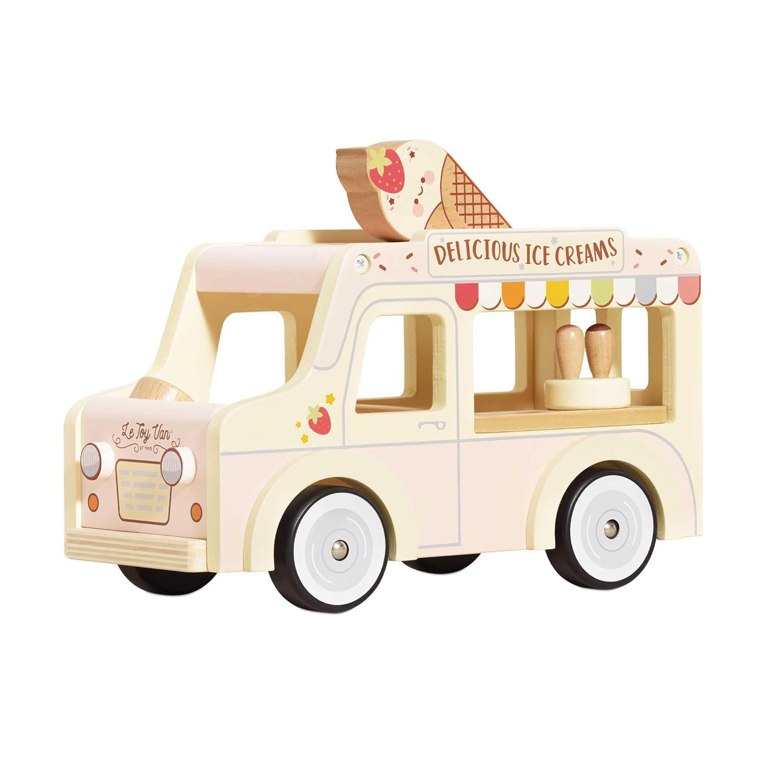 Le toy van wooden ice cream van toy in pink, grey, and cream colors.