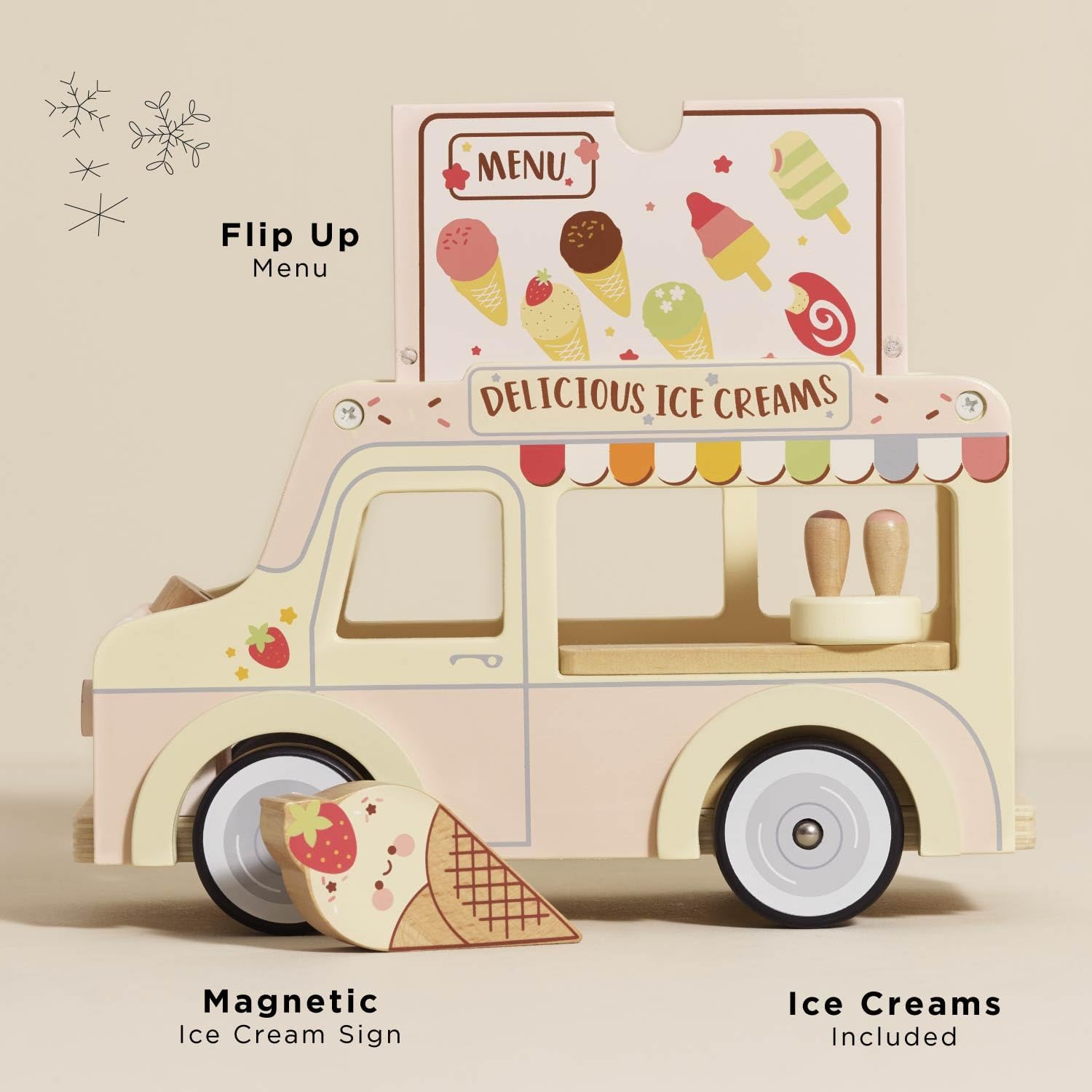 Side view of pastel wooden ice cream van with open roof.