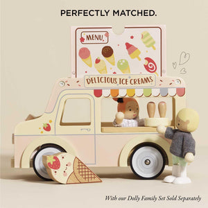Pretend play ice cream van with mini cones and ice cream pieces.
