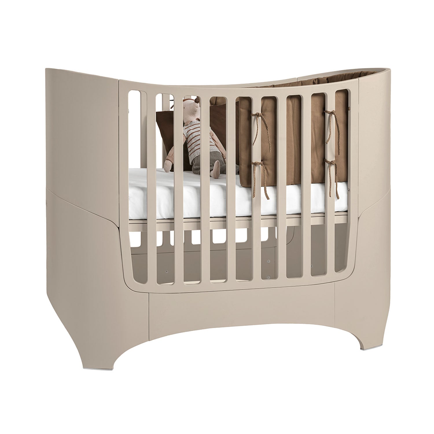 Close-up of smooth rounded crib corners for safety.