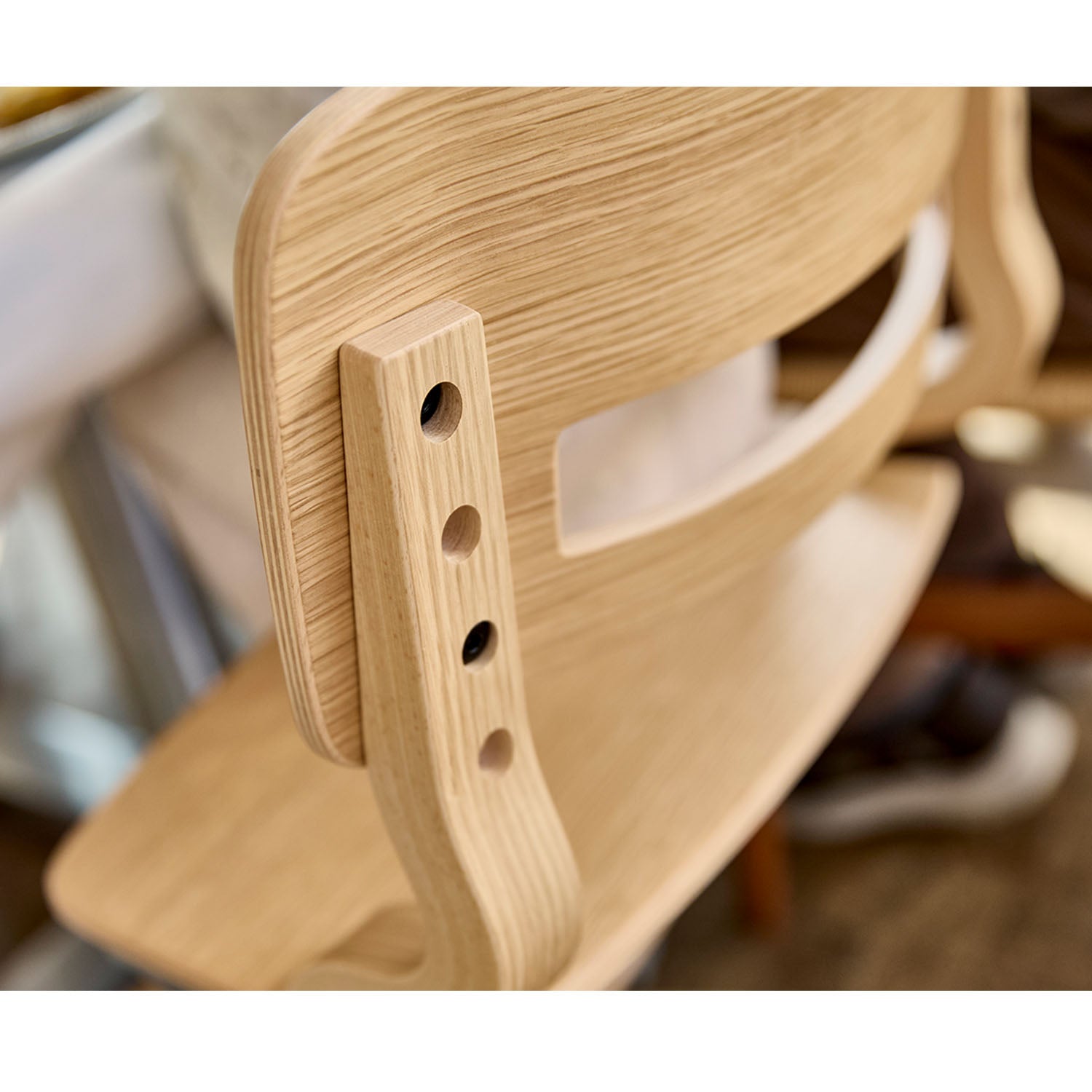 Close view of leander highchair.