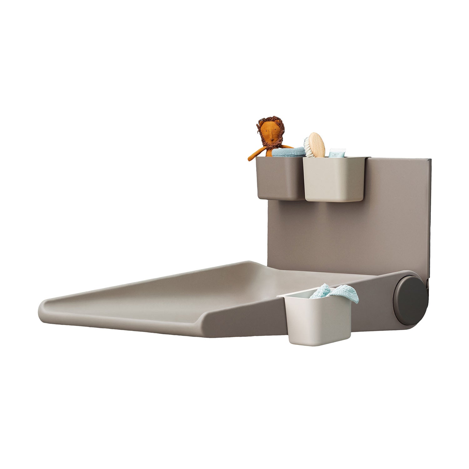 Leander Wally™ with baby care essentials in organizers in top and at the side of the wally.