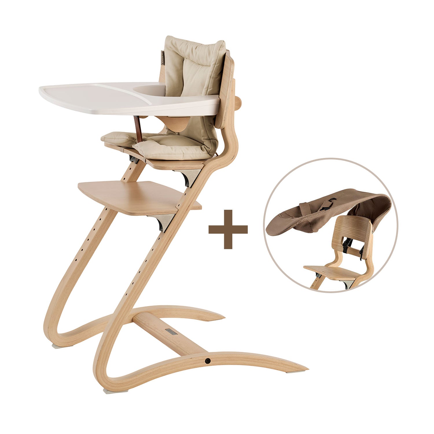 Leander Louie highchair with newborn seat, cushion, safety bar and tray.