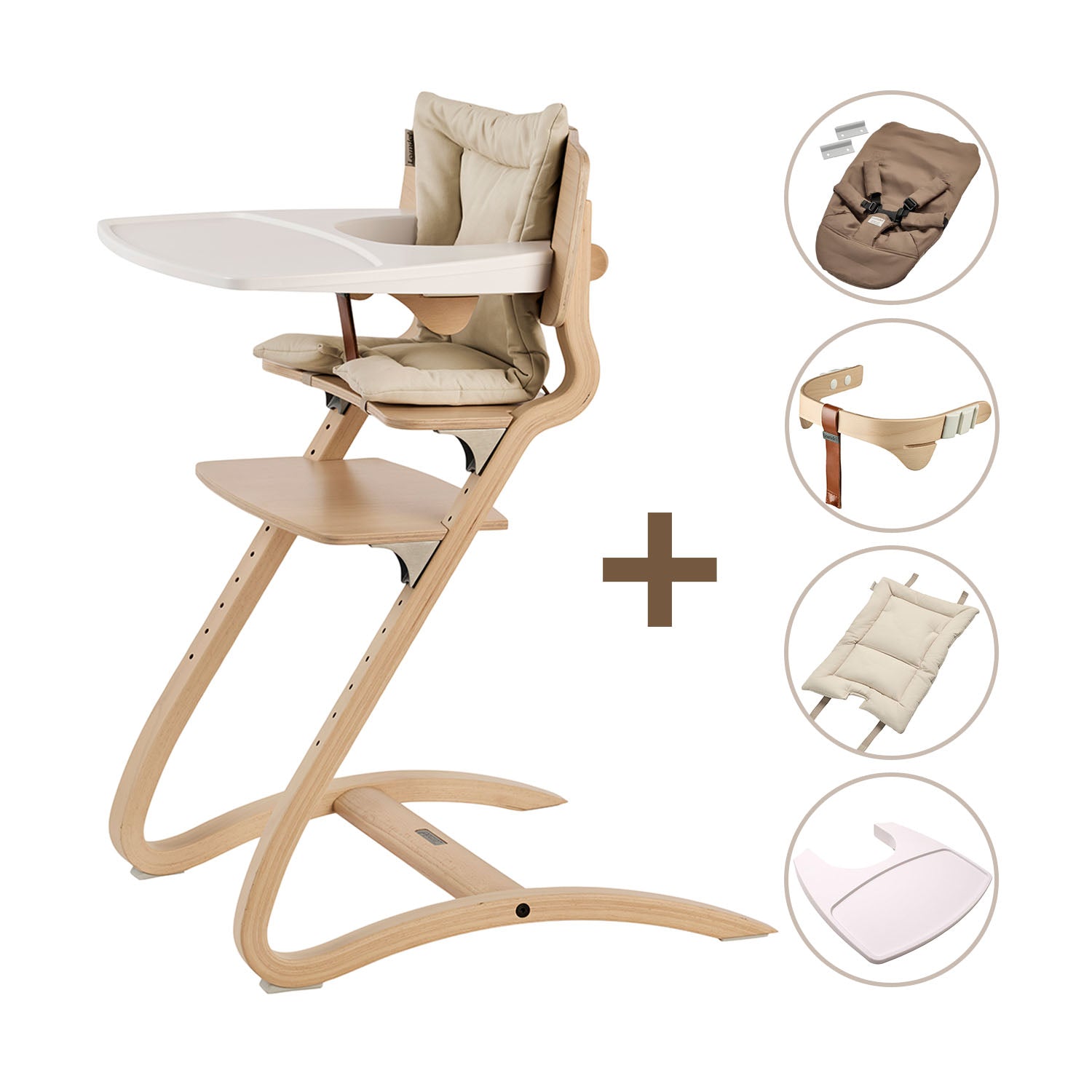 Louie highchair with safety bar, cushion, tray and newborn seat bundle for children.