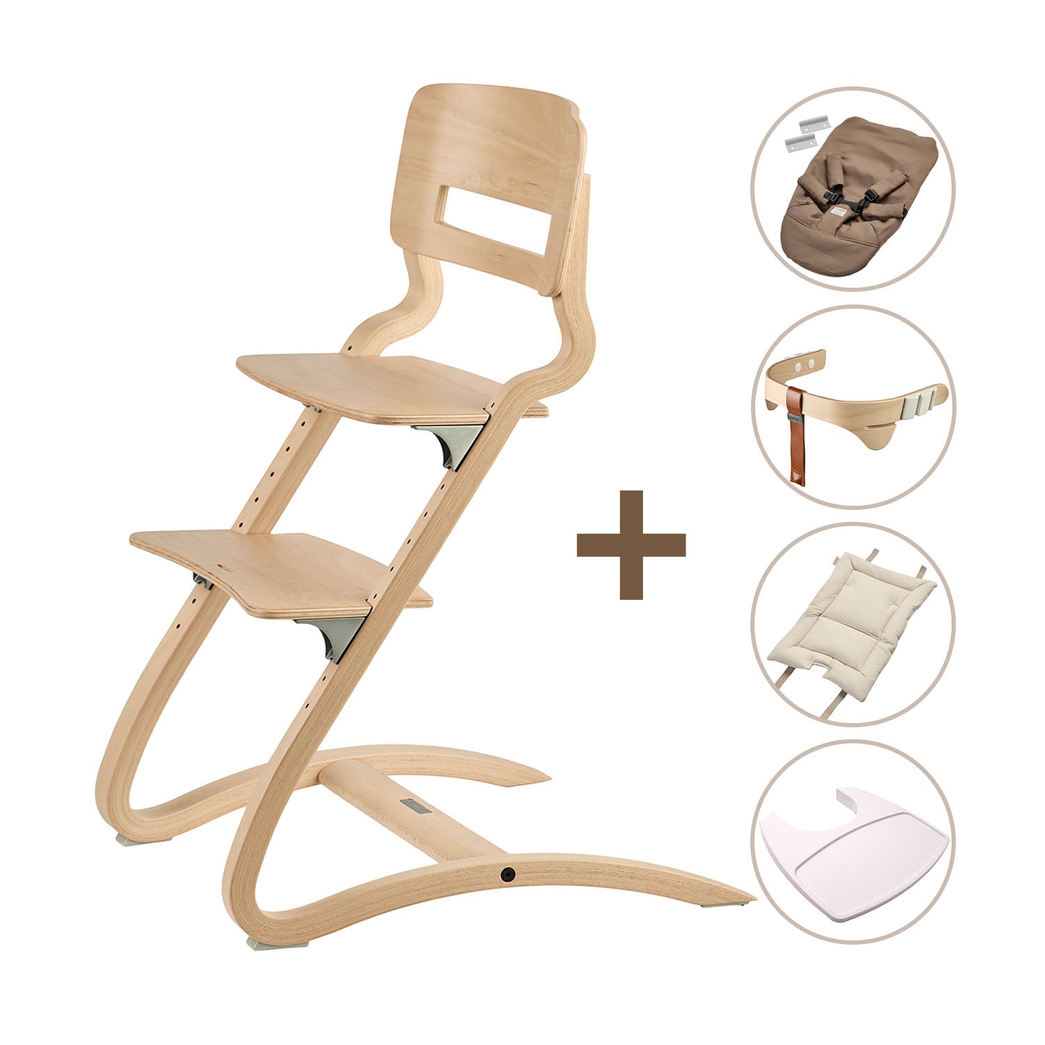 Louie highchair with safety bar, cushion, tray and newborn seat bundle for mealtime