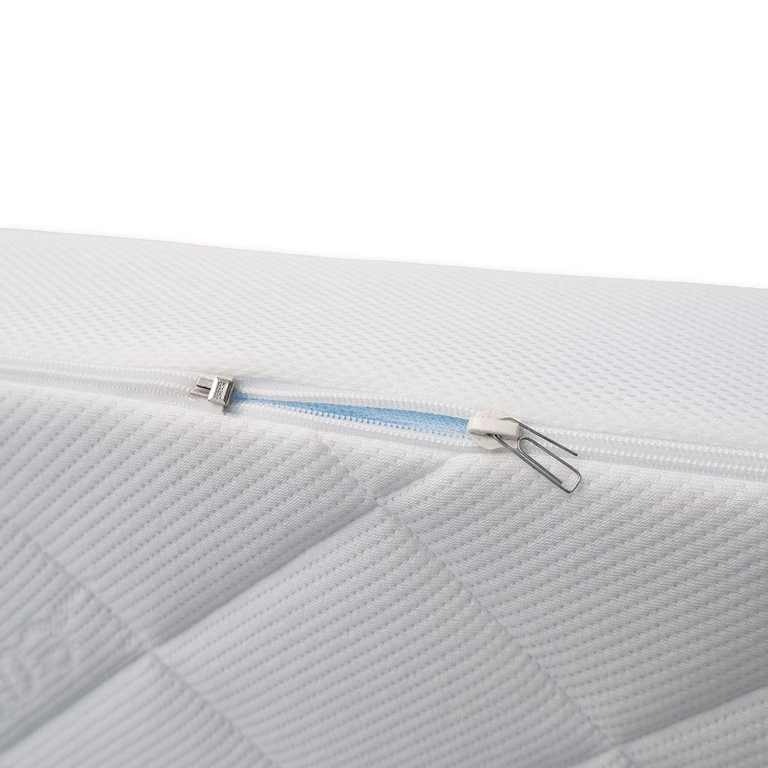 Mattress cover detail showing TENCEL™ moisture control fabric with zipper.