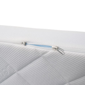 Mattress cover detail showing TENCEL™ moisture control fabric with zipper.