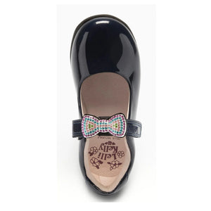 Showing bow and logo inside the Lelli Kelly girls school shoes.