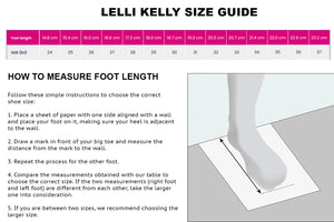 LELLI KELLY size guide with instructions on measuring foot length.