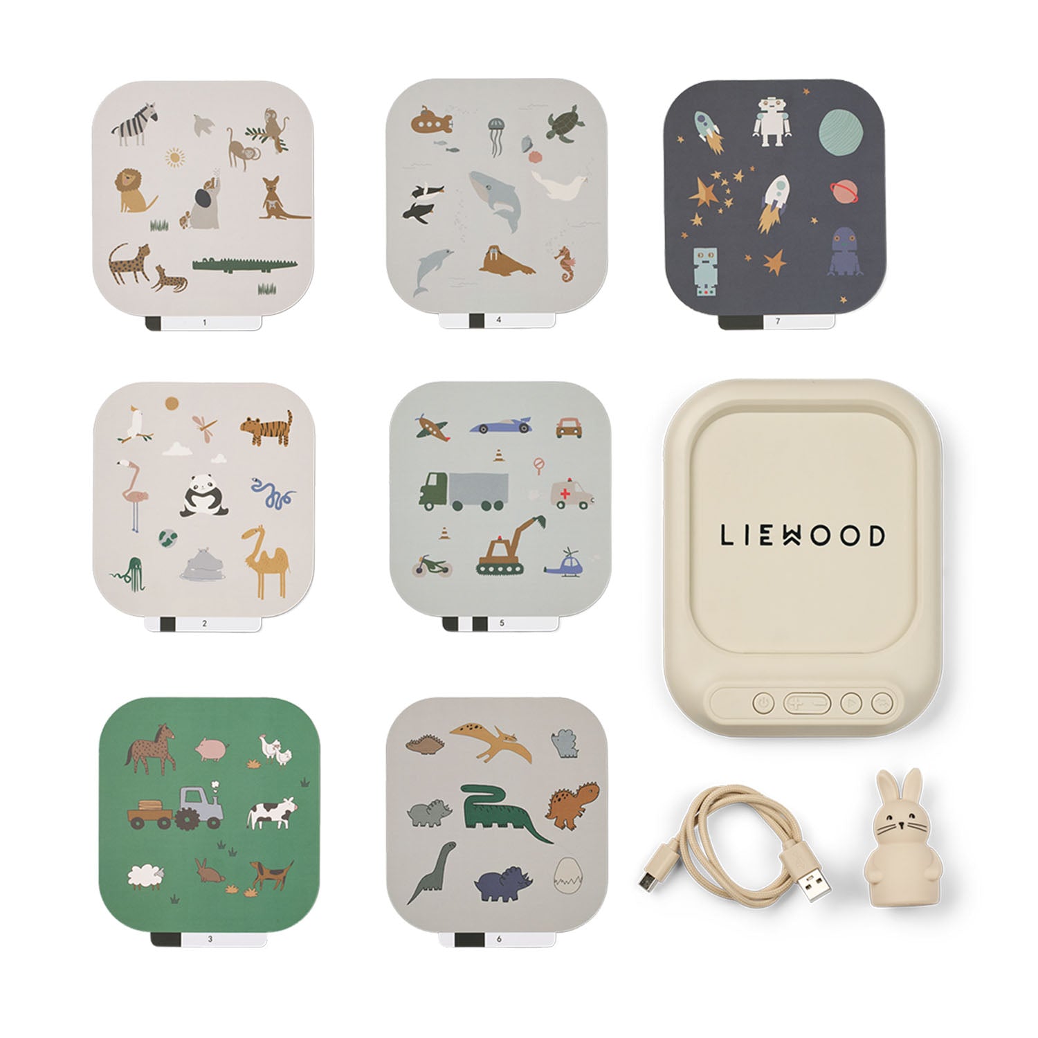 Liewood Archie Sound Board with rabbit figurine, card and USB cable.