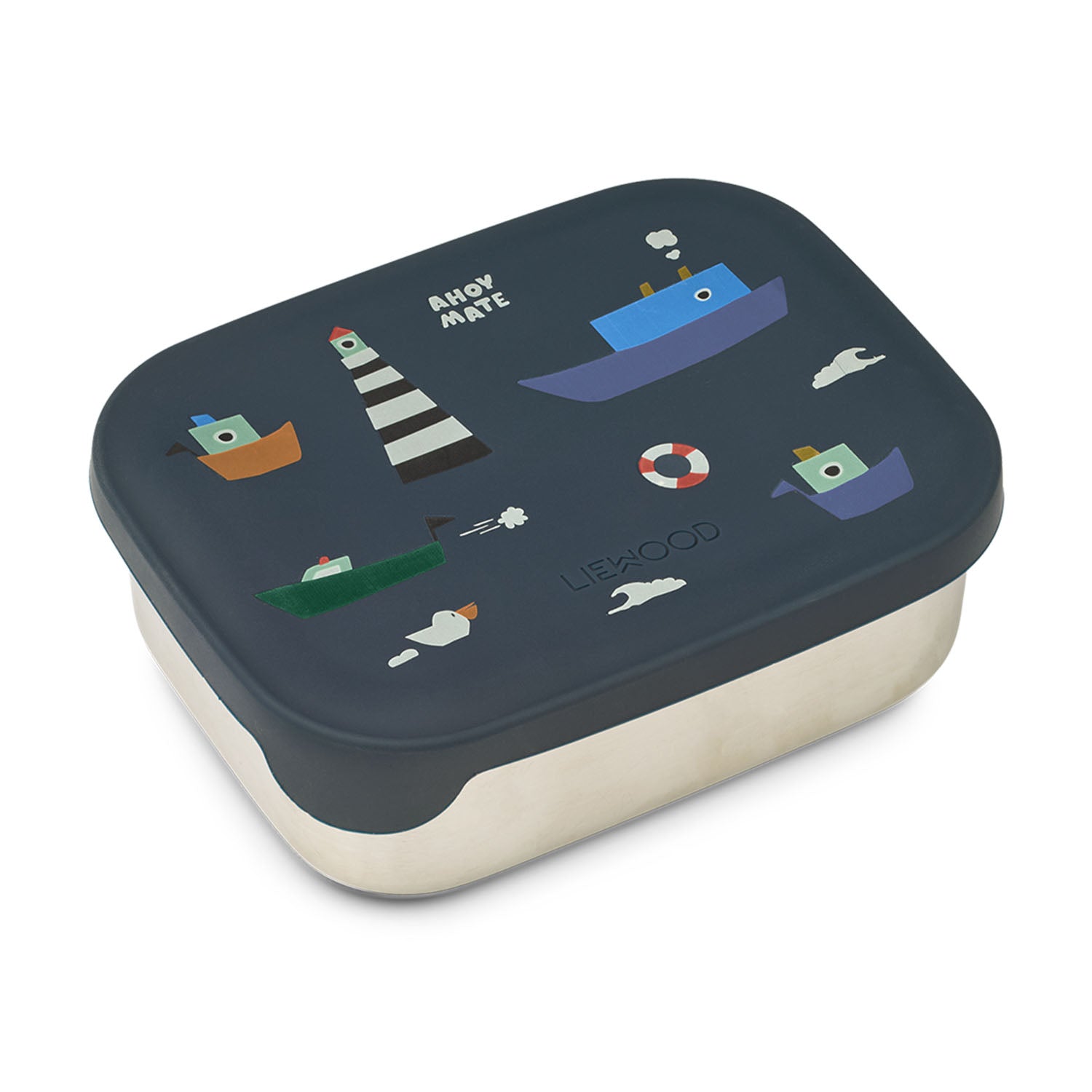 Liewood Arthur stainless steel lunchbox with a flexible silicone lid in sailing classic navy.
