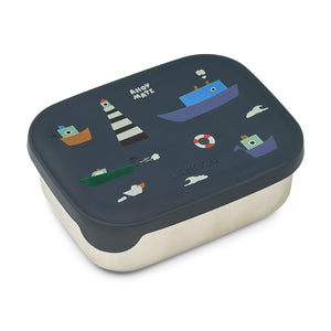 Liewood Arthur stainless steel lunchbox with a flexible silicone lid in sailing classic navy.