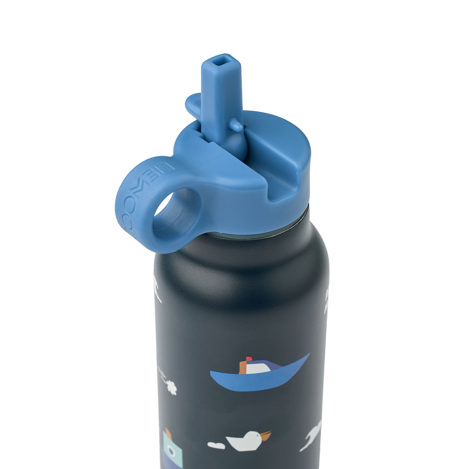 Close view of liewood falk water bottle in white background.