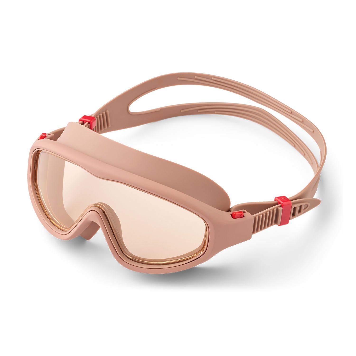 Adjustable buckle and strap detail on swim goggles.