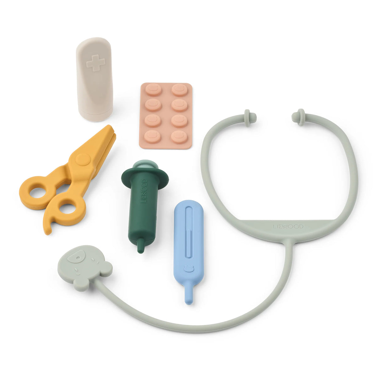 Soft silicone doctor play tools — stethoscope, thermometer and accessories