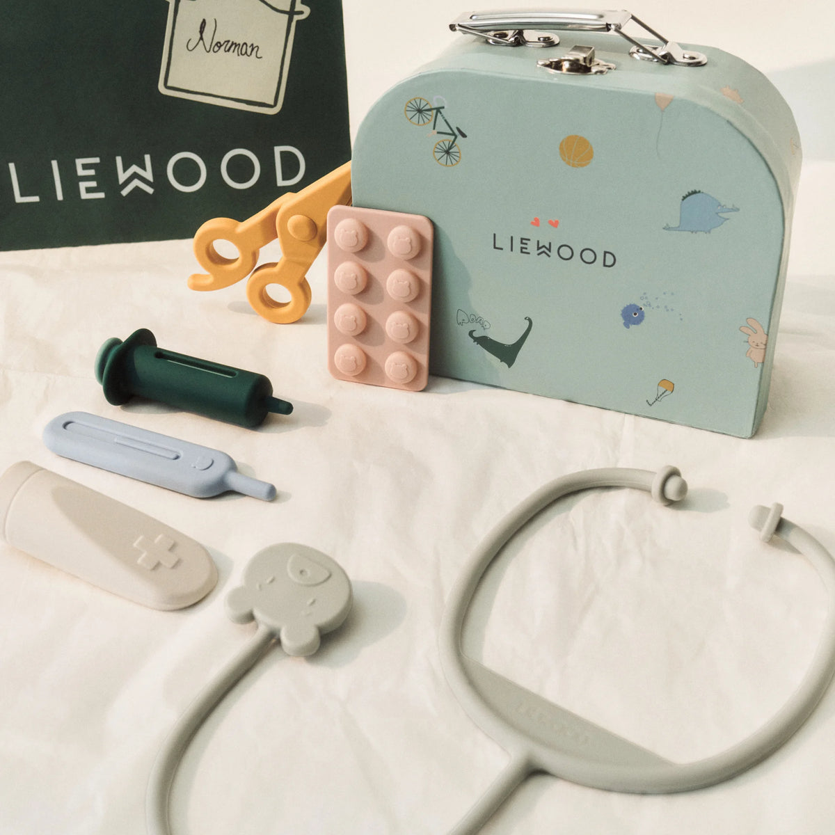 Complete Liewood Leif doctor kit laid out with all tools visible