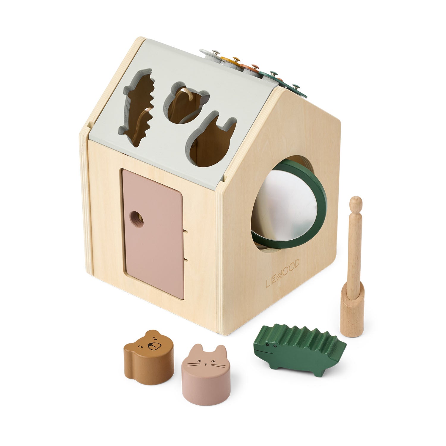 Liewood wooden activity cube with shape sorter and bead maze.