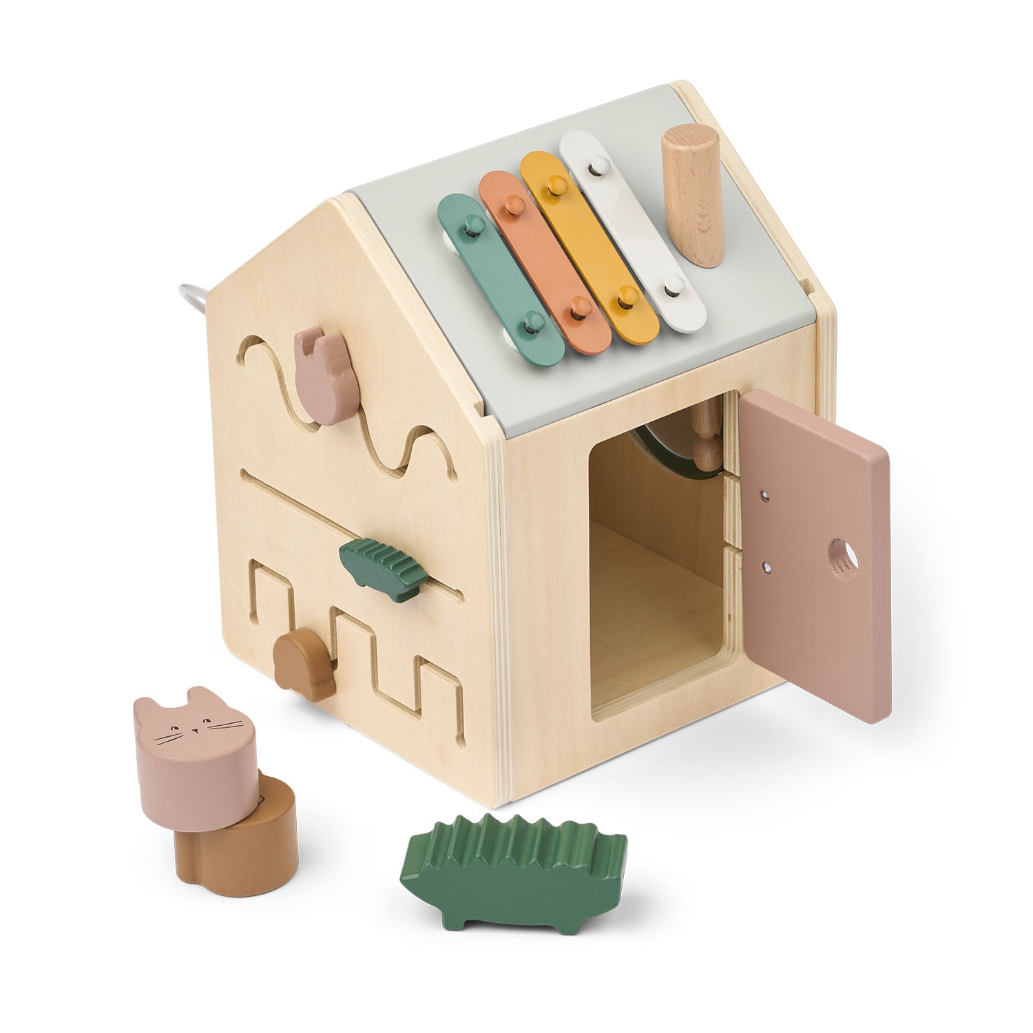 House-shaped wooden activity toy in Tuscany Rose colours.