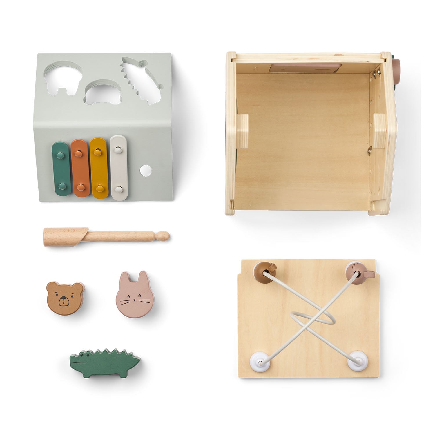 Liewood Lucas Activity Cube nursery toy in pastel colours.