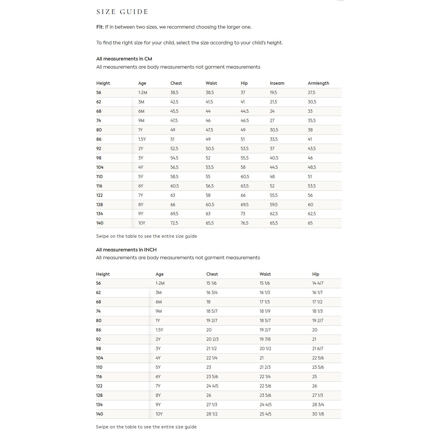 Liewood Cloth Size Guide