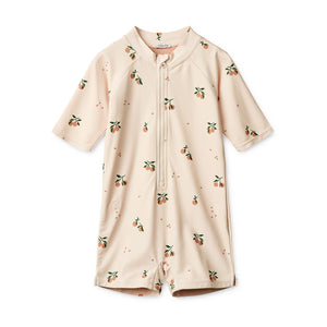 Liewood UV Max Short-sleeve swim jumpsuit in peach sea shell.