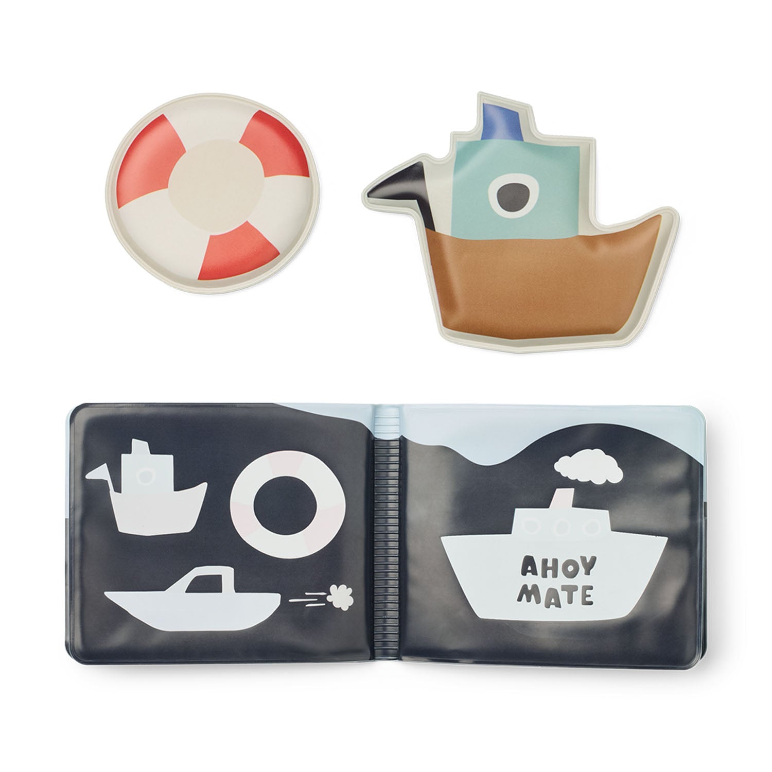 Liewood bath book includes a toy boat and swim ring.
