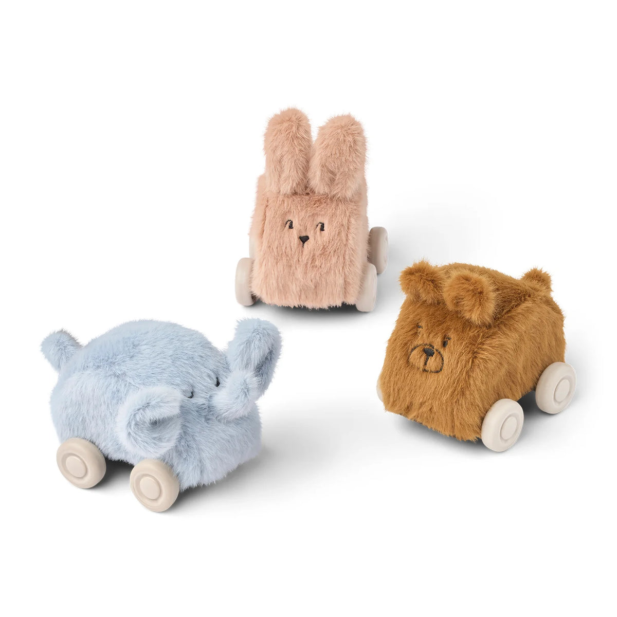 Three soft plush toy cars: blue elephant, beige rabbit, brown bear on white background