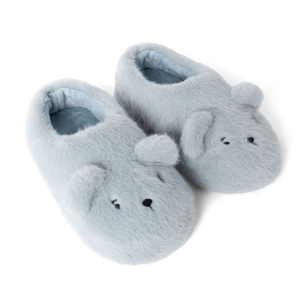 A pair of soft, dove blue Liewood Aviaja Bear Slippers featuring embroidered bear faces and rounded ears, positioned side-by-side.