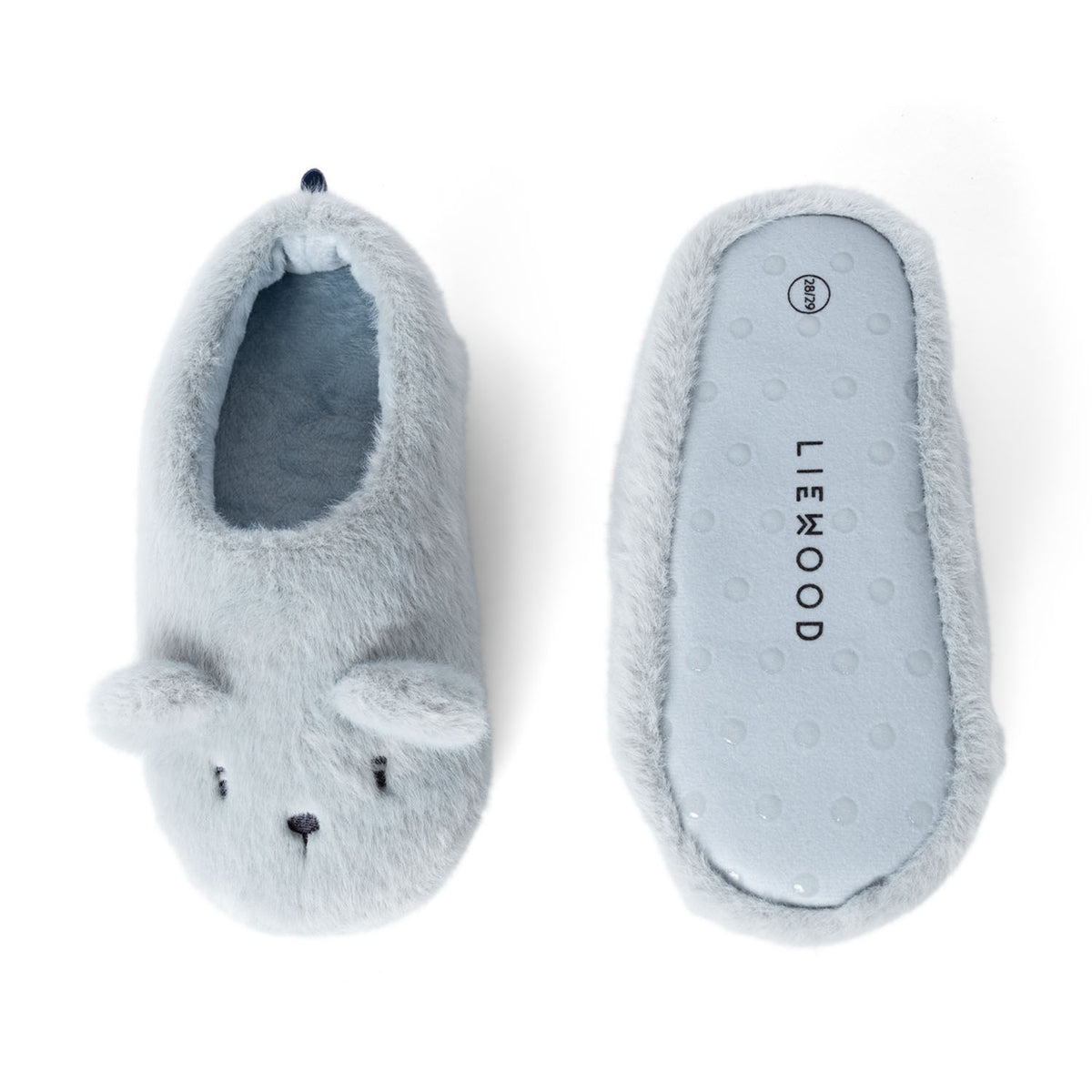Top and bottom view of the dove blue Liewood Aviaja bear slippers, showcasing the bear face design on one and the anti-slip sole with Liewood branding on the other