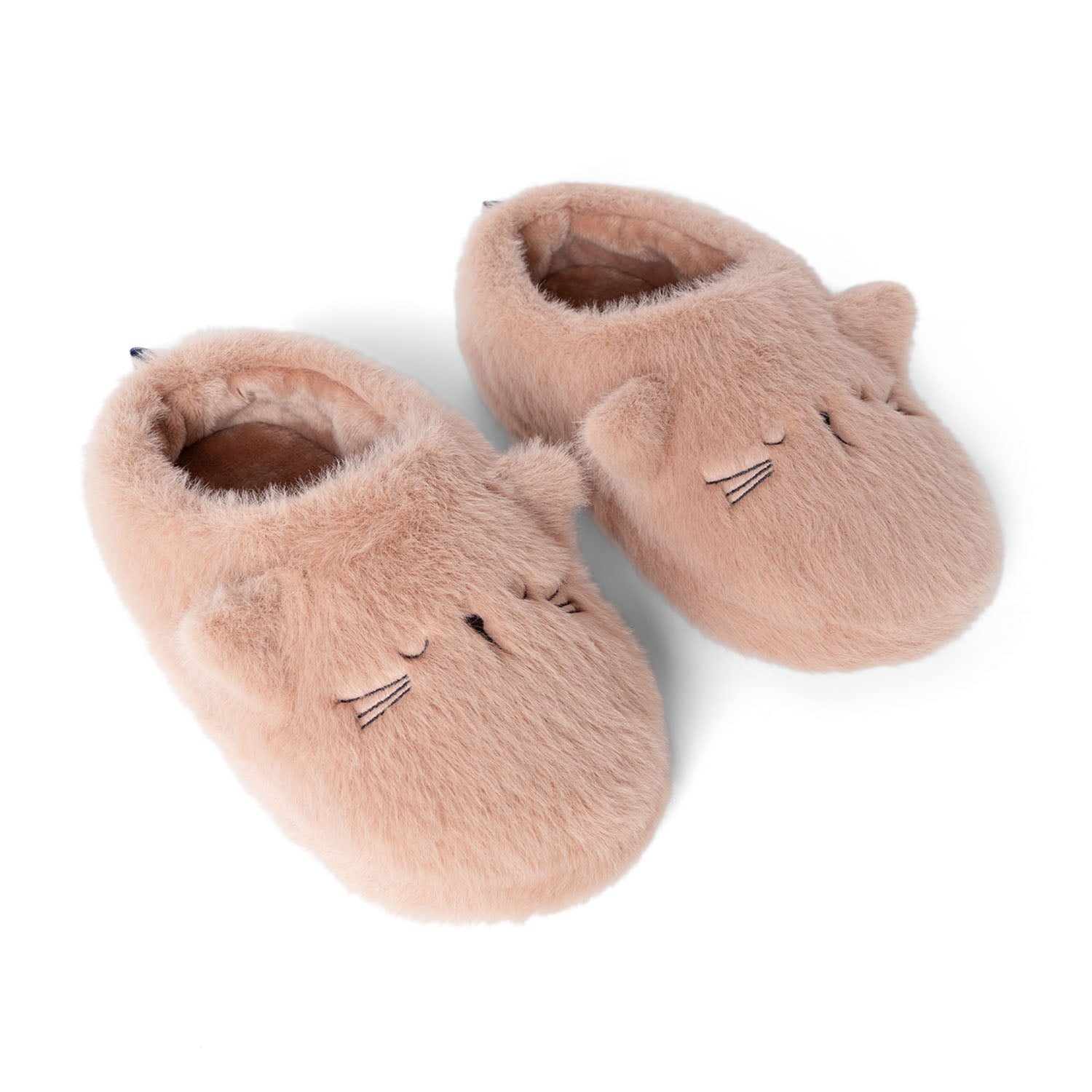 A pair of soft, pale pink Liewood Aviaja cat slippers featuring embroidered cat whiskers, eyes, and pointed ears, positioned side-by-side.