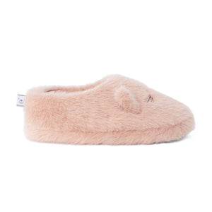 A side profile view of a single pale pink Liewood Aviaja cat slipper, highlighting its plush texture, flat sole, small brand tag on the heel, and closed heel design.
