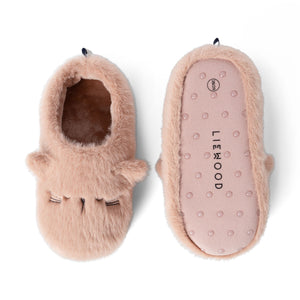 Top and bottom view of the pale pink Liewood Aviaja cat slippers, showcasing the cozy interior opening on one and the anti-slip dotted sole with Liewood branding on the other.