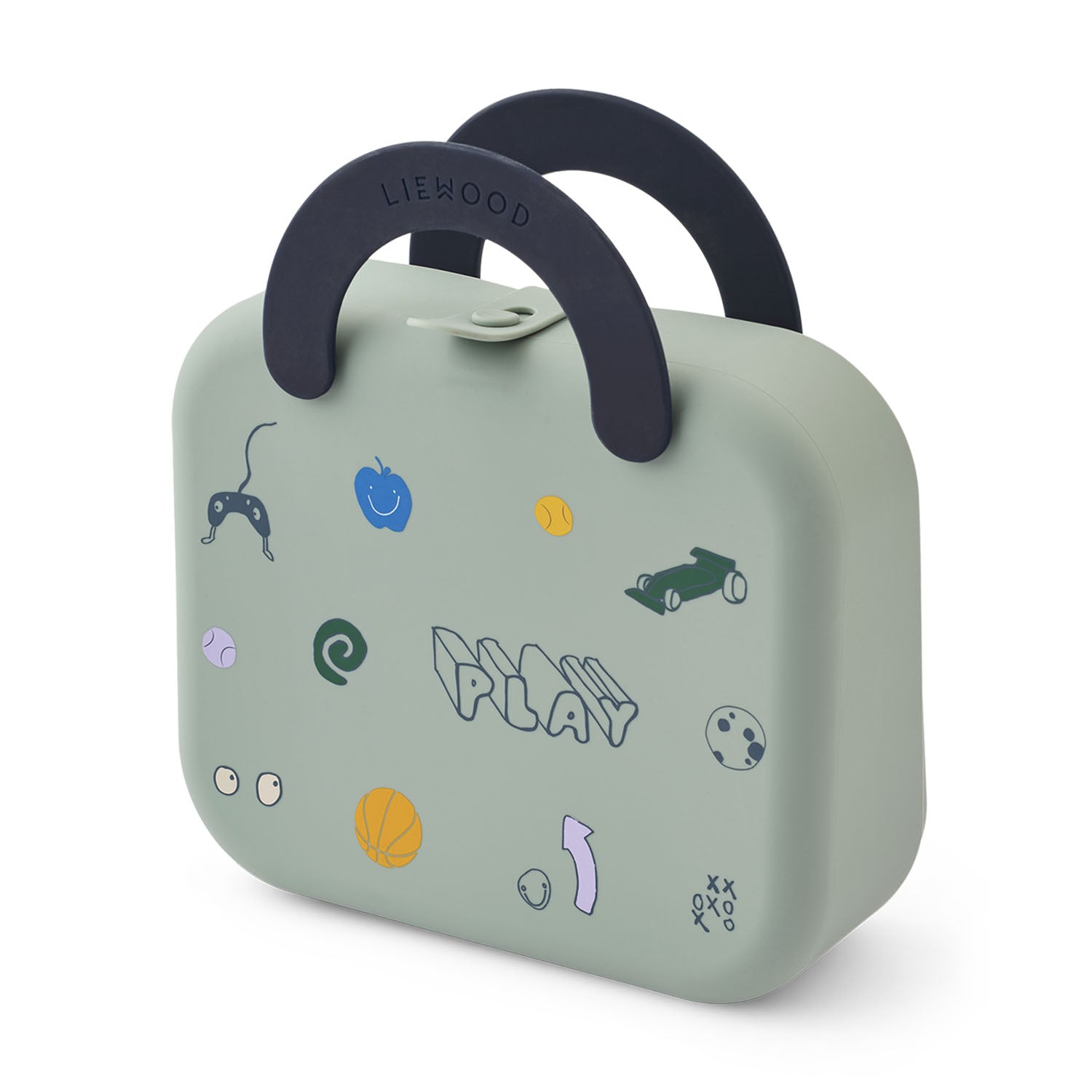 Liewood Elara foldable silicone kids lunchbox in sage green with a dark blue handle and playful illustrations on the front..