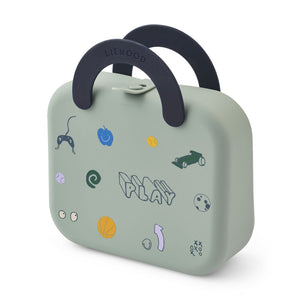 Liewood Elara foldable silicone kids lunchbox in sage green with a dark blue handle and playful illustrations on the front..