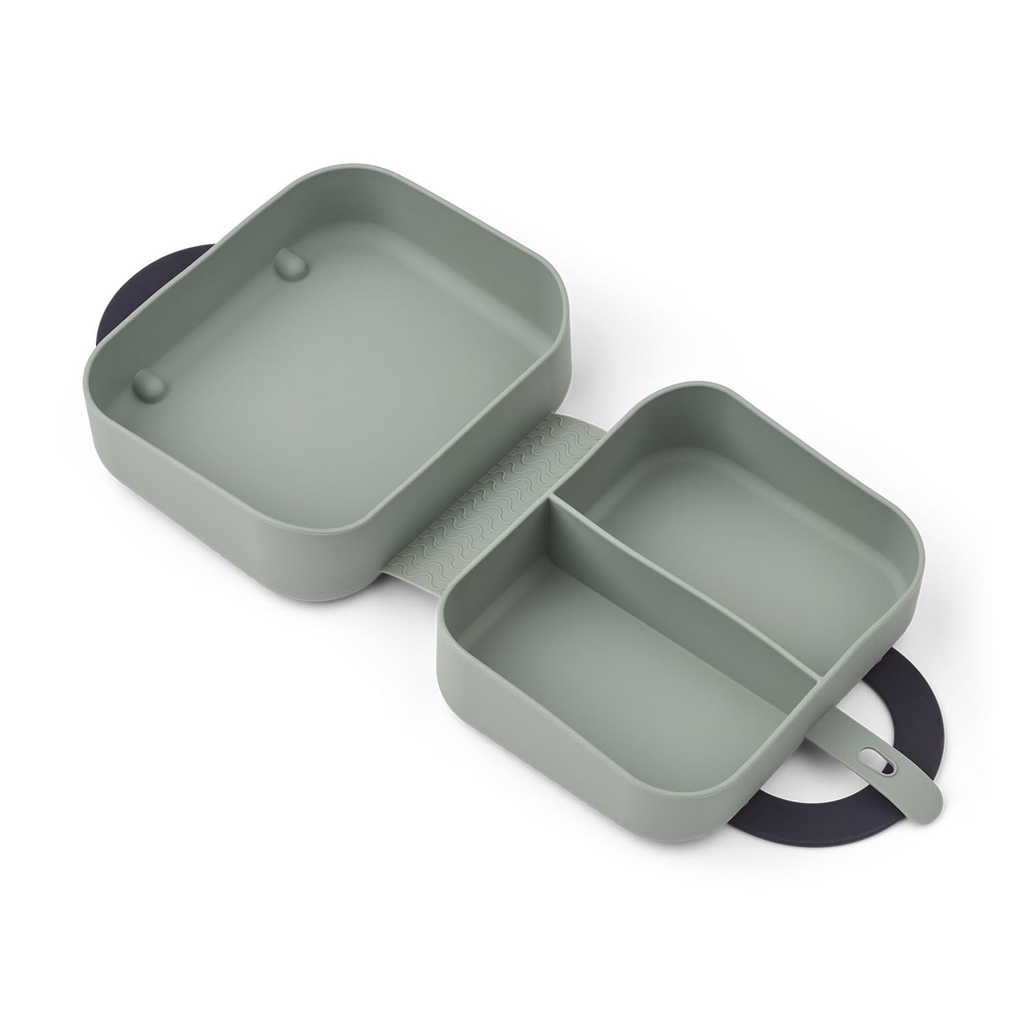 Fully opened Liewood Elara silicone lunchbox in green showing the wide main compartment and built-in divider.