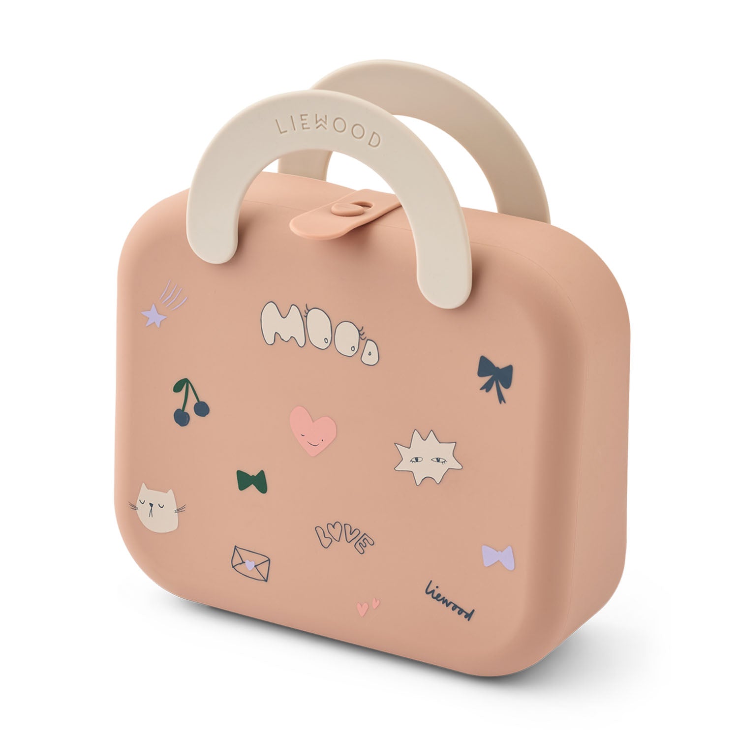 Closed Liewood Elara foldable kids lunchbox in mood pale tuscany with a cream-coloured handle and cute patterned doodles.