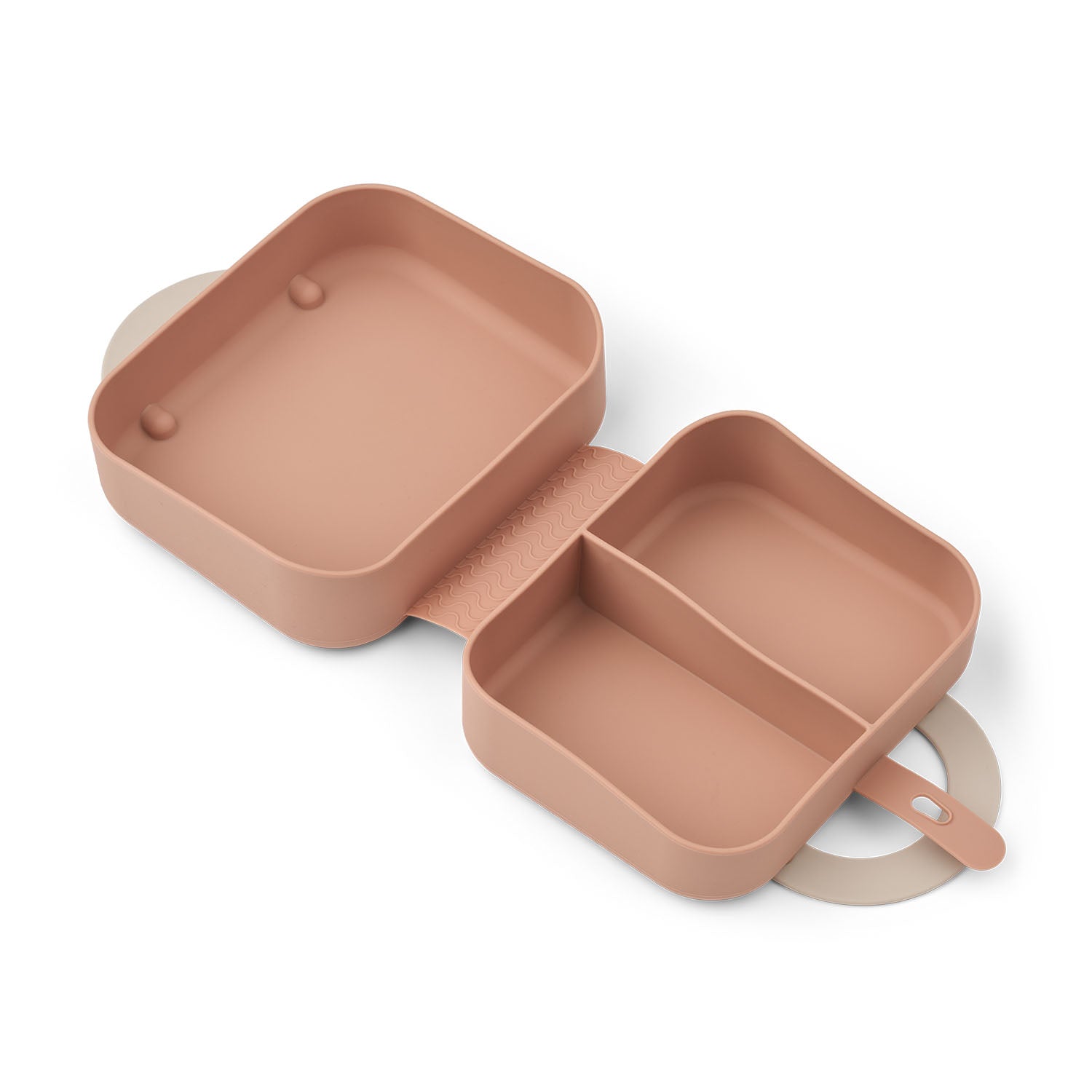 Open Liewood Elara collapsible lunchbox in mood pale tuscany showing the interior storage sections and divider.