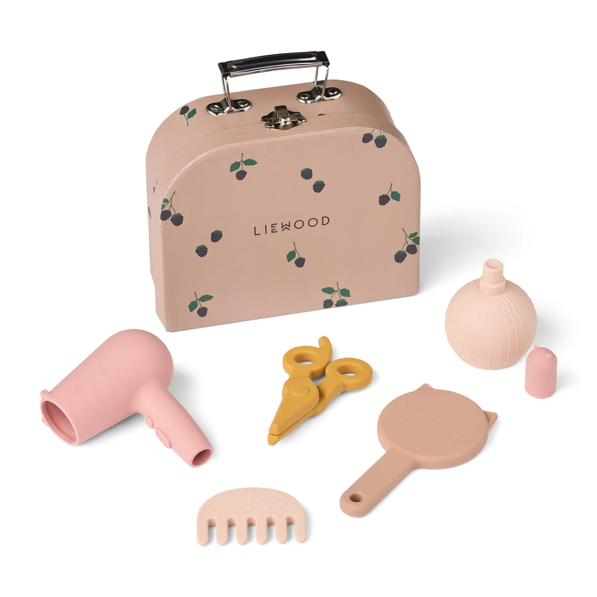 Complete Liewood Ellery pretend hairdressing set in pink storage suitcase, full kit displayed