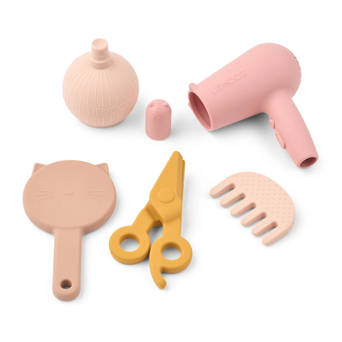 Close up of Liewood Ellery hairdressing tools: hairdryer, comb, scissors, mirror and bottle