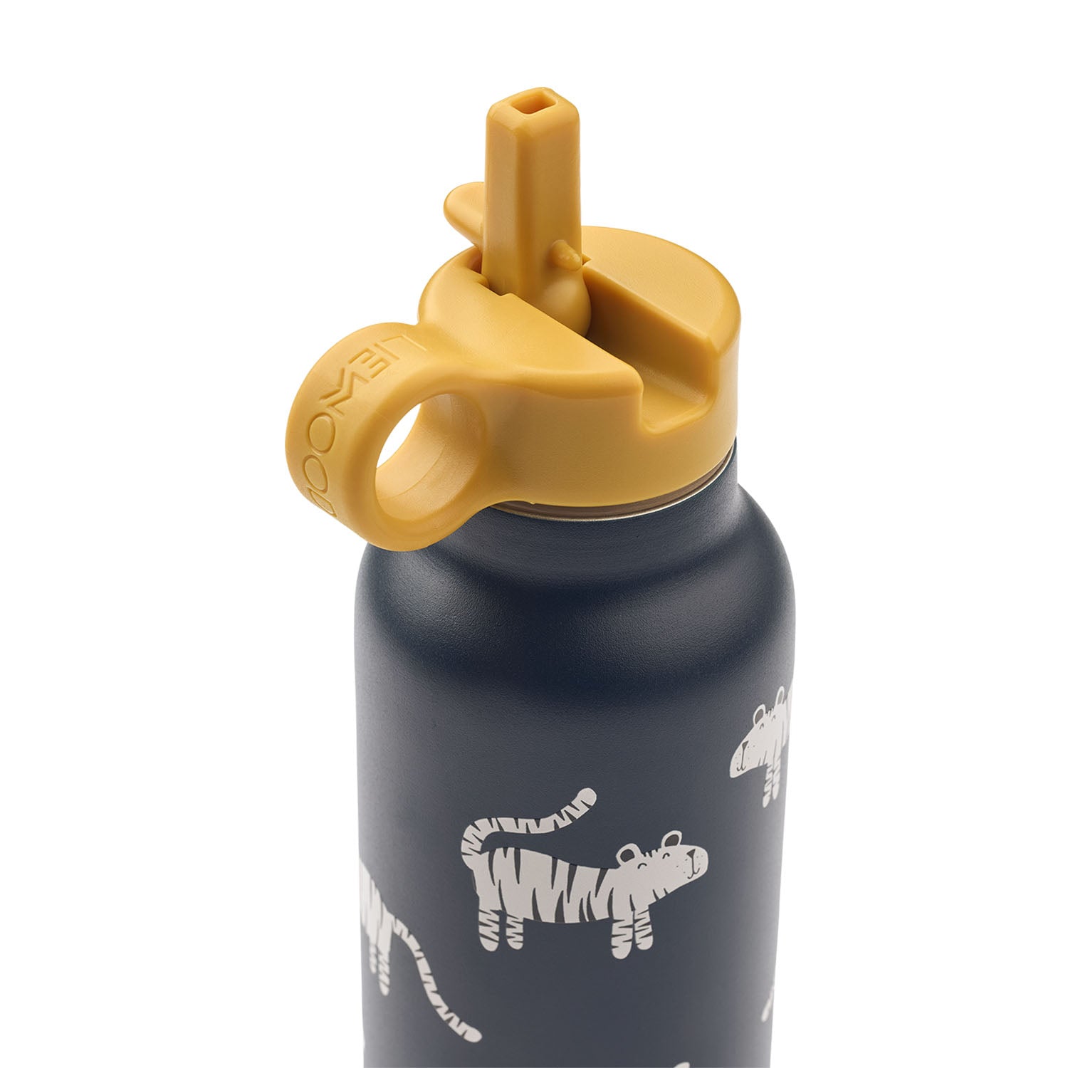Liewood falk water bottle 500ml in tiger classic navy with a mustard yellow sports lid and carrying loop.