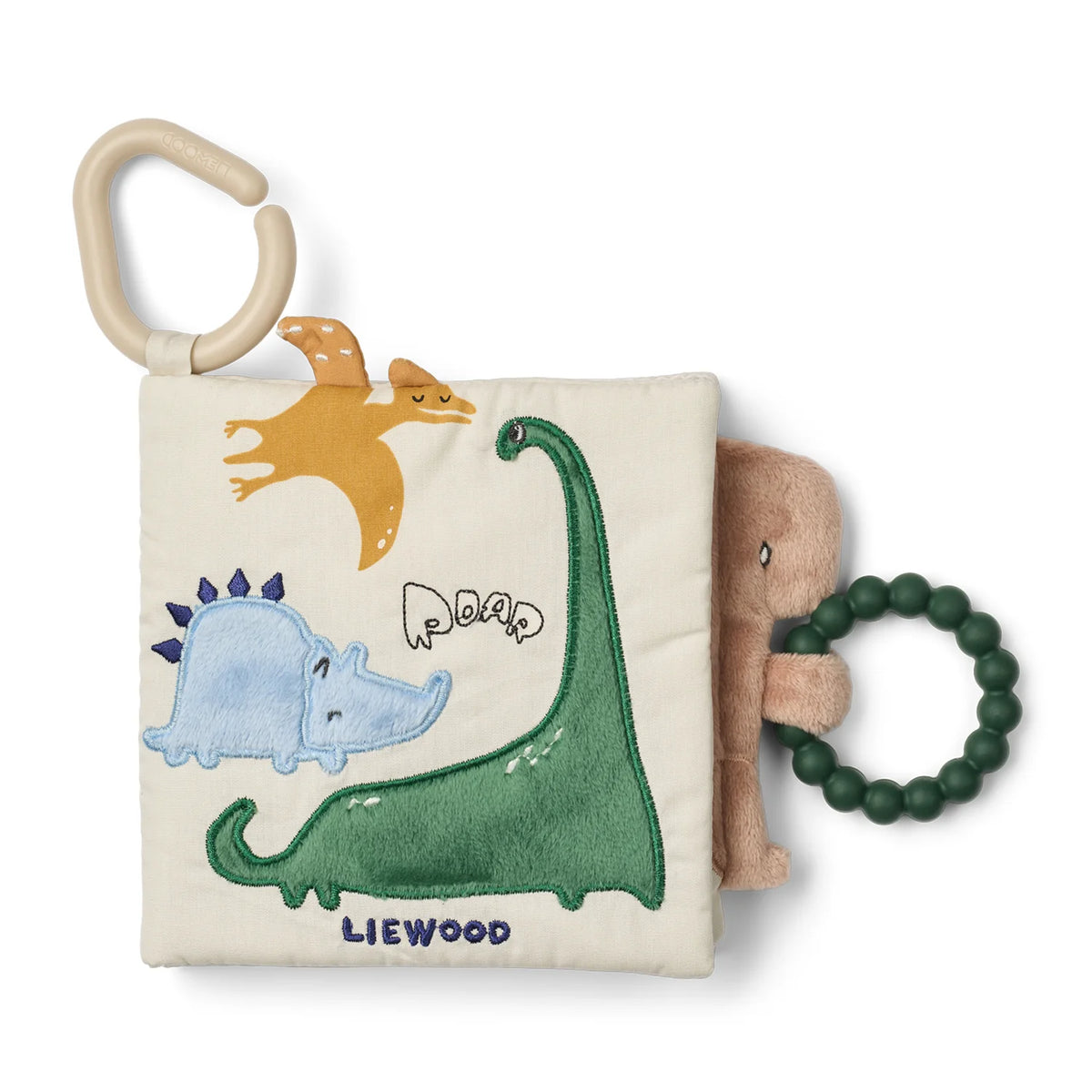 Liewood Fey soft book cover in Dove Blue featuring cute embroidered dinosaur characters and attached silicone teether ring.