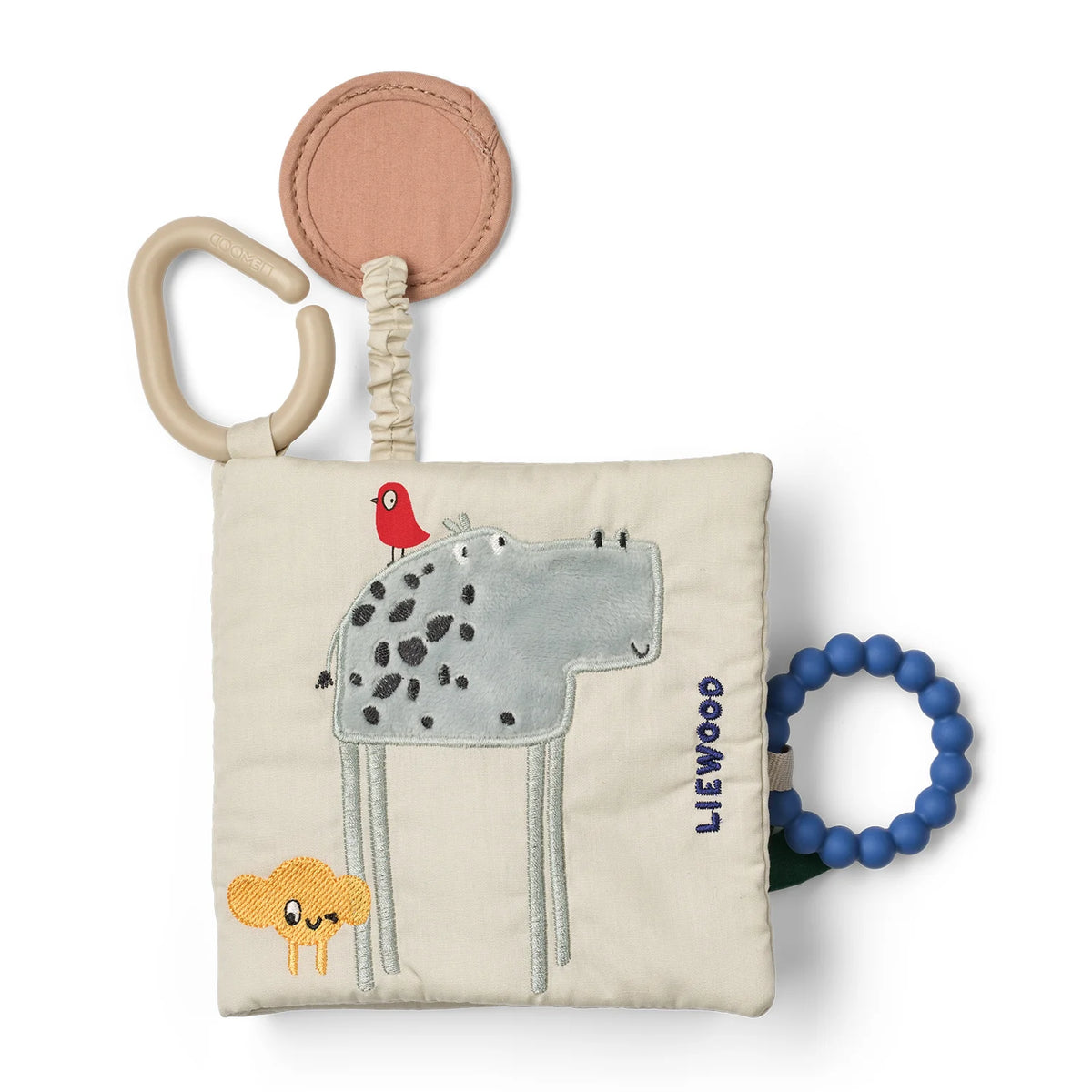 Liewood Fey soft book in Imagine Sandy print, featuring spotted animal character, silicone teether, and mirror detail