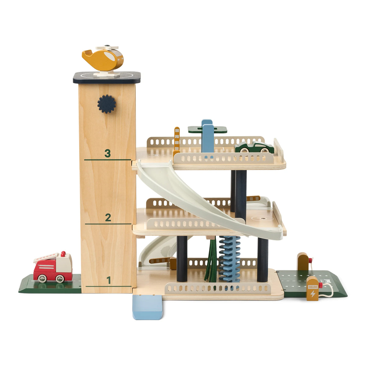 Liewood Jordy wooden parking tower in beach blue multi mix, multi-level play garage with vehicles.