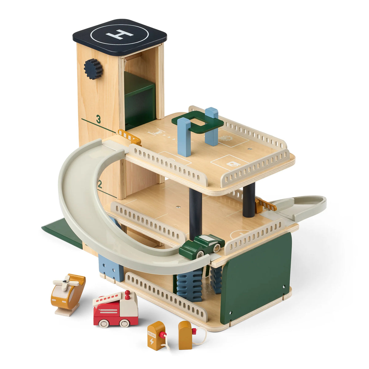Side view of Liewood Jordy wooden parking tower showing slides and play levels