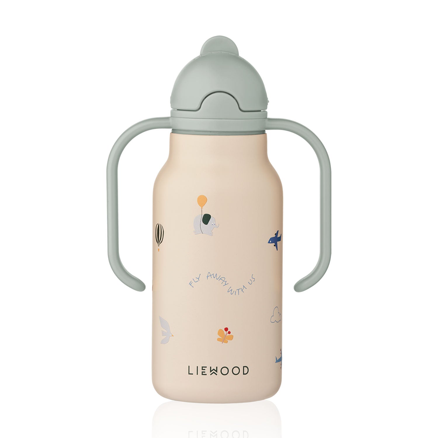 Front view of a Liewood Kimmie 250ml water bottle decorated with small abstract patterns, featuring a light green lid with two handles and a closed spout