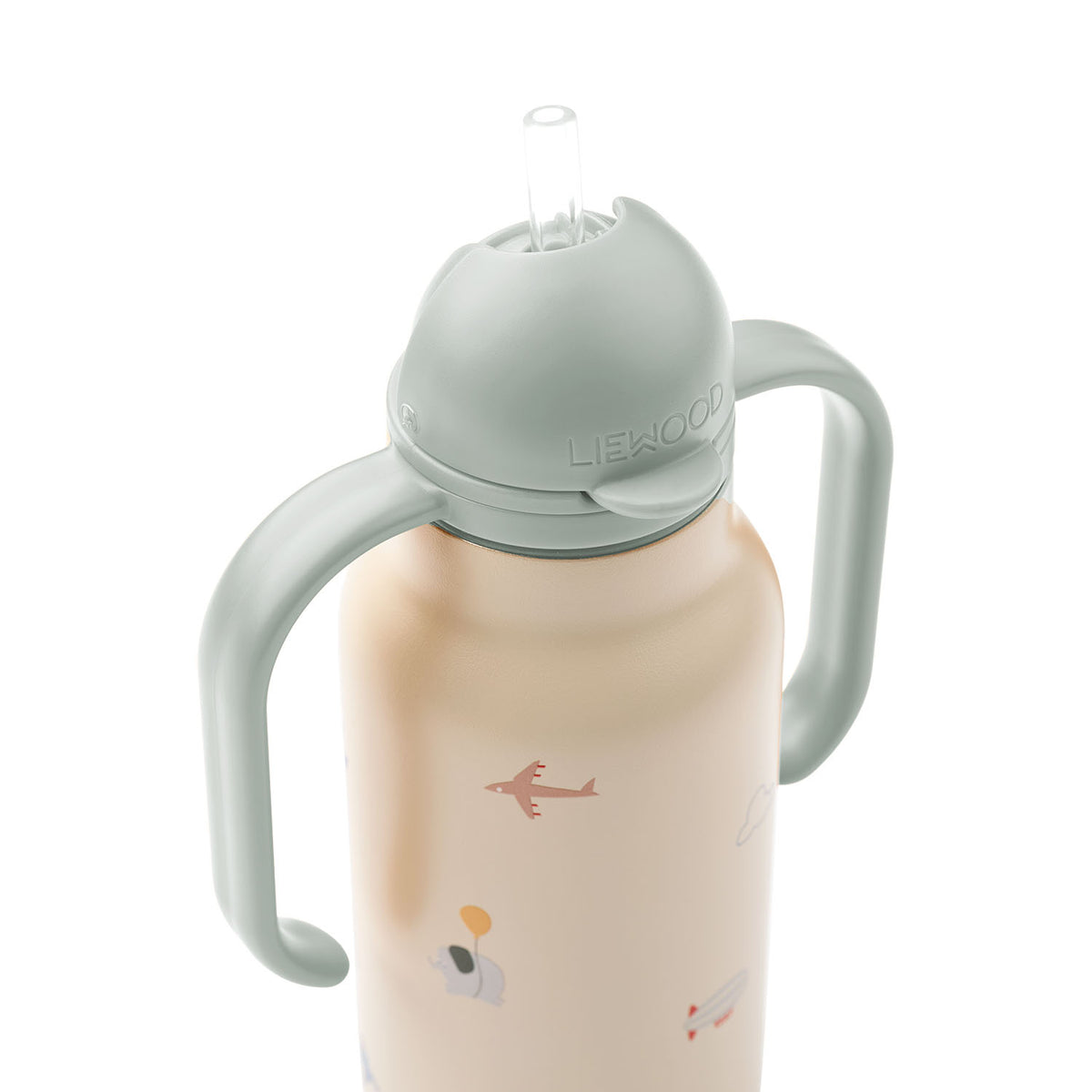 Angled side and top view of Liewood Kimmie water bottle, highlighting the light green lid, closed spout, and curved side handles.