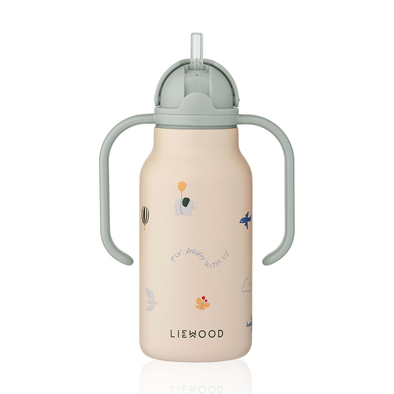 Front view of the Liewood Kimmie water bottle with the light green lid, showing the built-in pop-up straw in the open position.