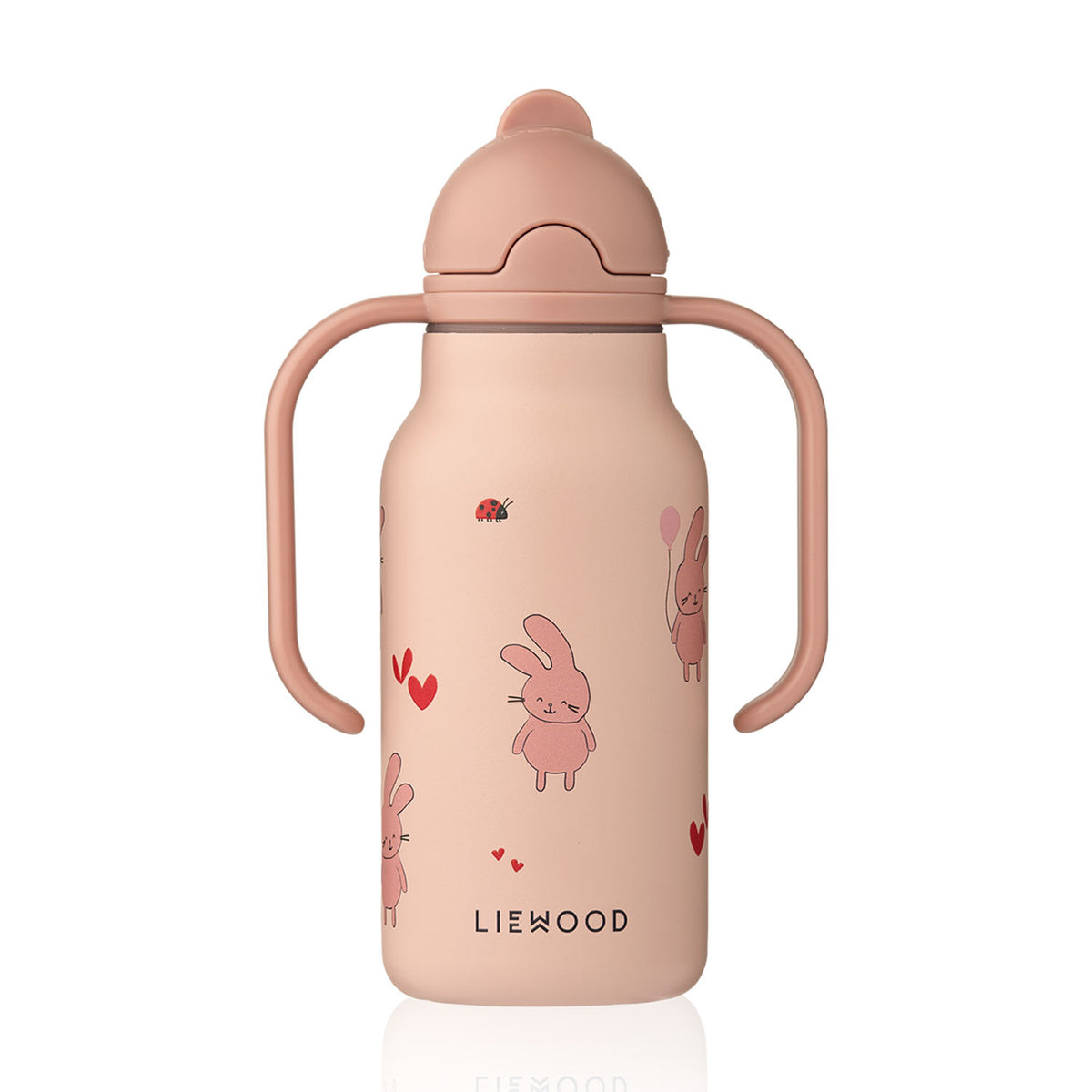 Front view of a Wild child / Rosey Liewood Kimmie 250ml water bottle with abstract patterns, featuring a matching peach-colored lid with two handles and a closed spout.