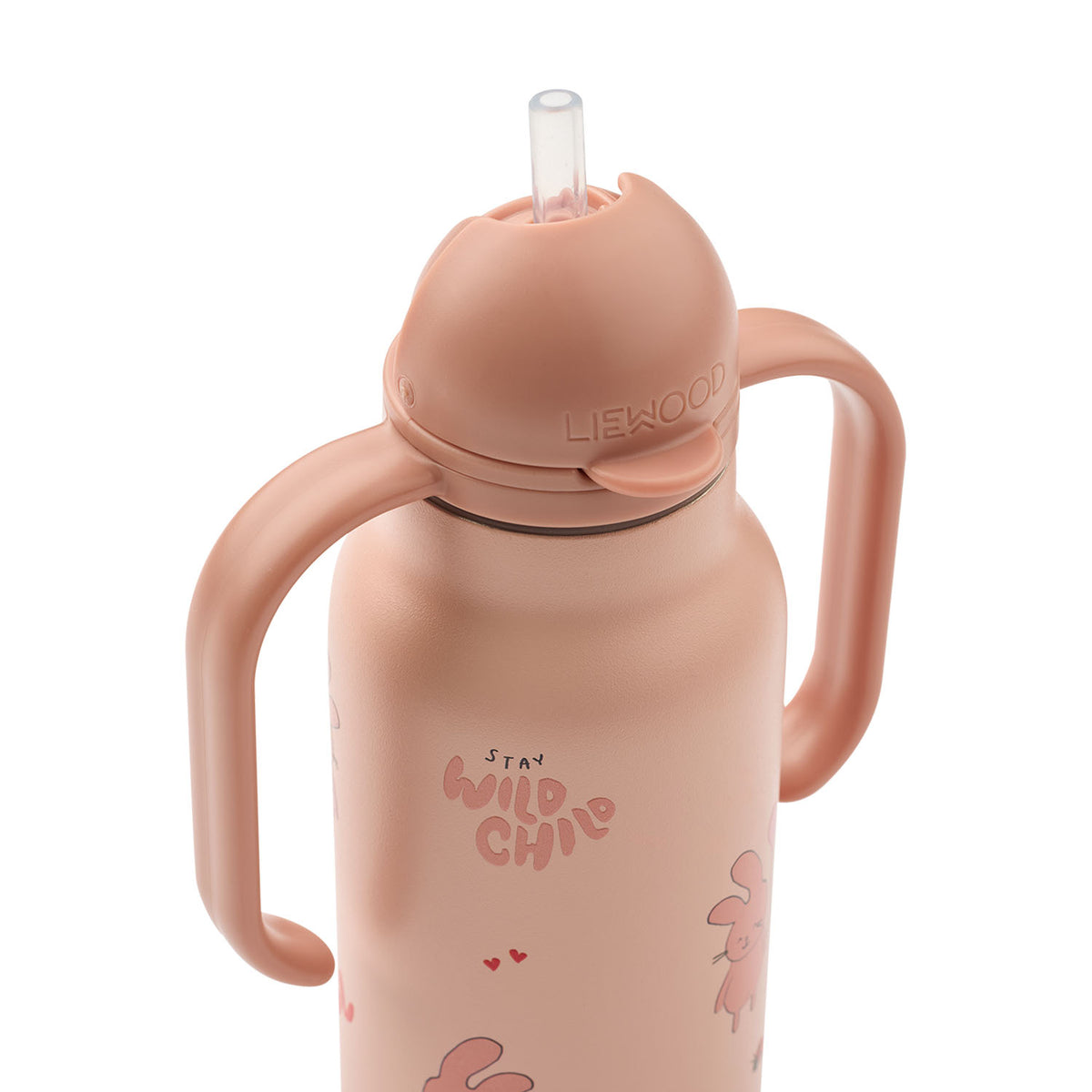 Angled side and top view of the wild child rosey Liewood Kimmie water bottle, highlighting the matching lid's closed spout and curved side handles.