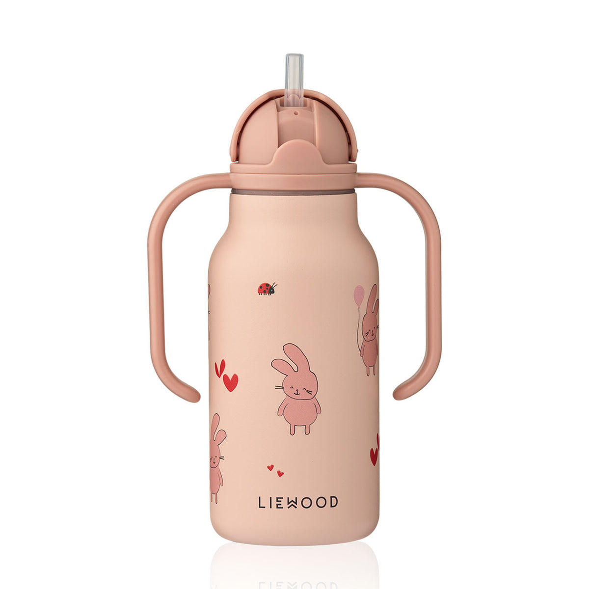 Front view of the rosey Liewood Kimmie water bottle showing the built-in pop-up straw in the open position.